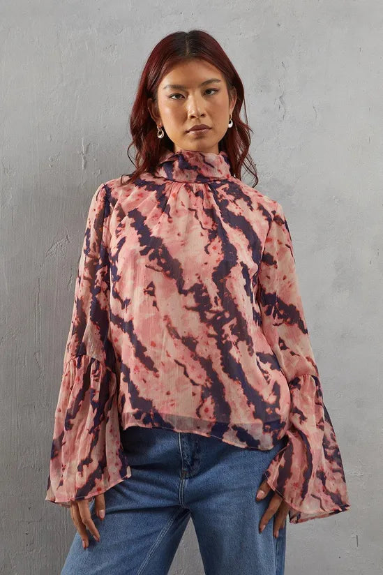 Abstract Chiffon High Neck Flutter Sleeve Blouse