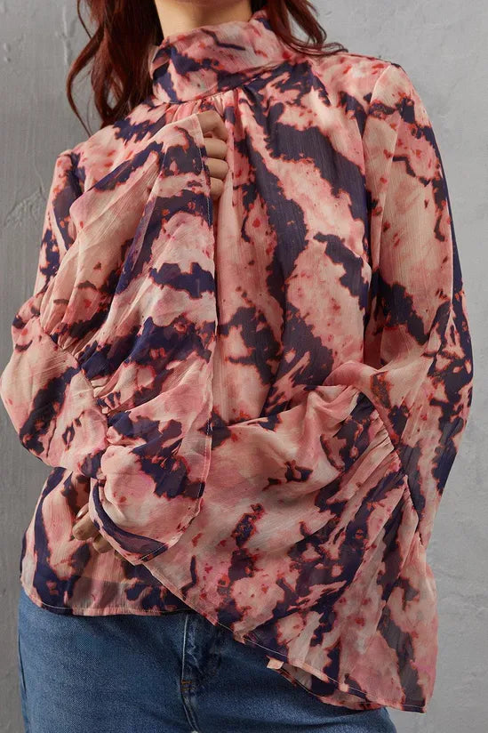 Abstract Chiffon High Neck Flutter Sleeve Blouse