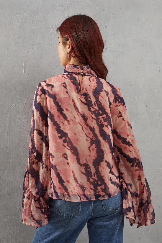Abstract Chiffon High Neck Flutter Sleeve Blouse