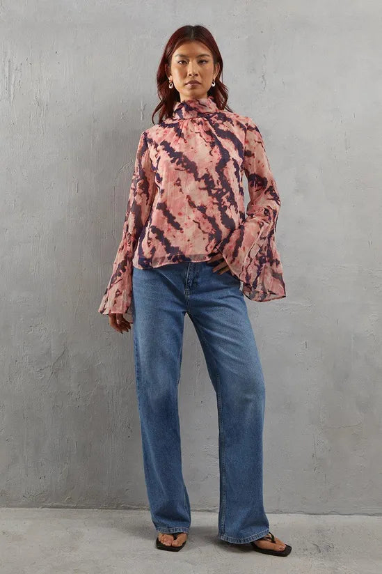 Abstract Chiffon High Neck Flutter Sleeve Blouse