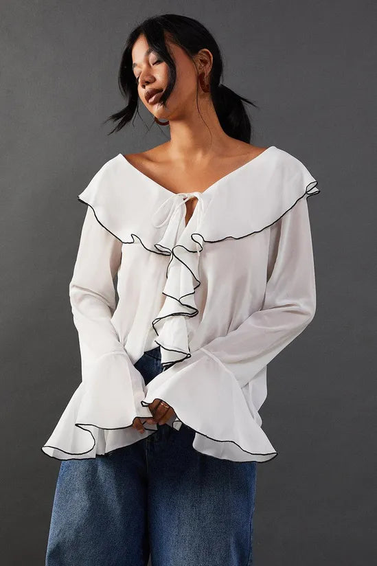 Contrast Stitch Ruffle Flared Sleeve Blouse