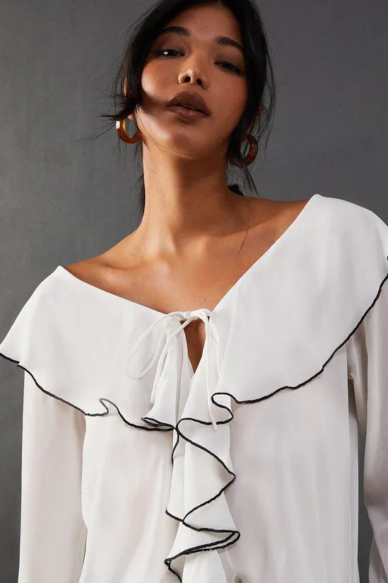 Contrast Stitch Ruffle Flared Sleeve Blouse