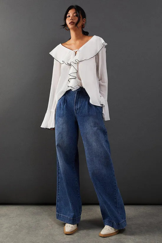 Contrast Stitch Ruffle Flared Sleeve Blouse