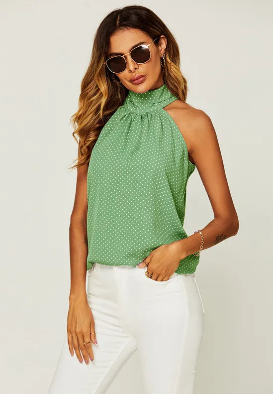 White Polka Dot Print Halter Neck Tie Back Top In Green