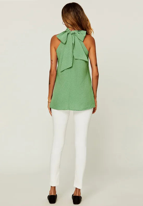 White Polka Dot Print Halter Neck Tie Back Top In Green